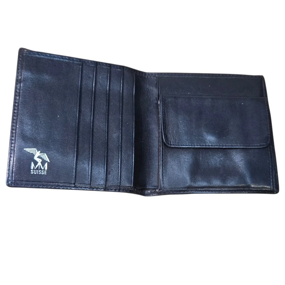Maison Mollerus Suisse Black Bifold Wallet Monogram Logo Mens Card Coin Pocket